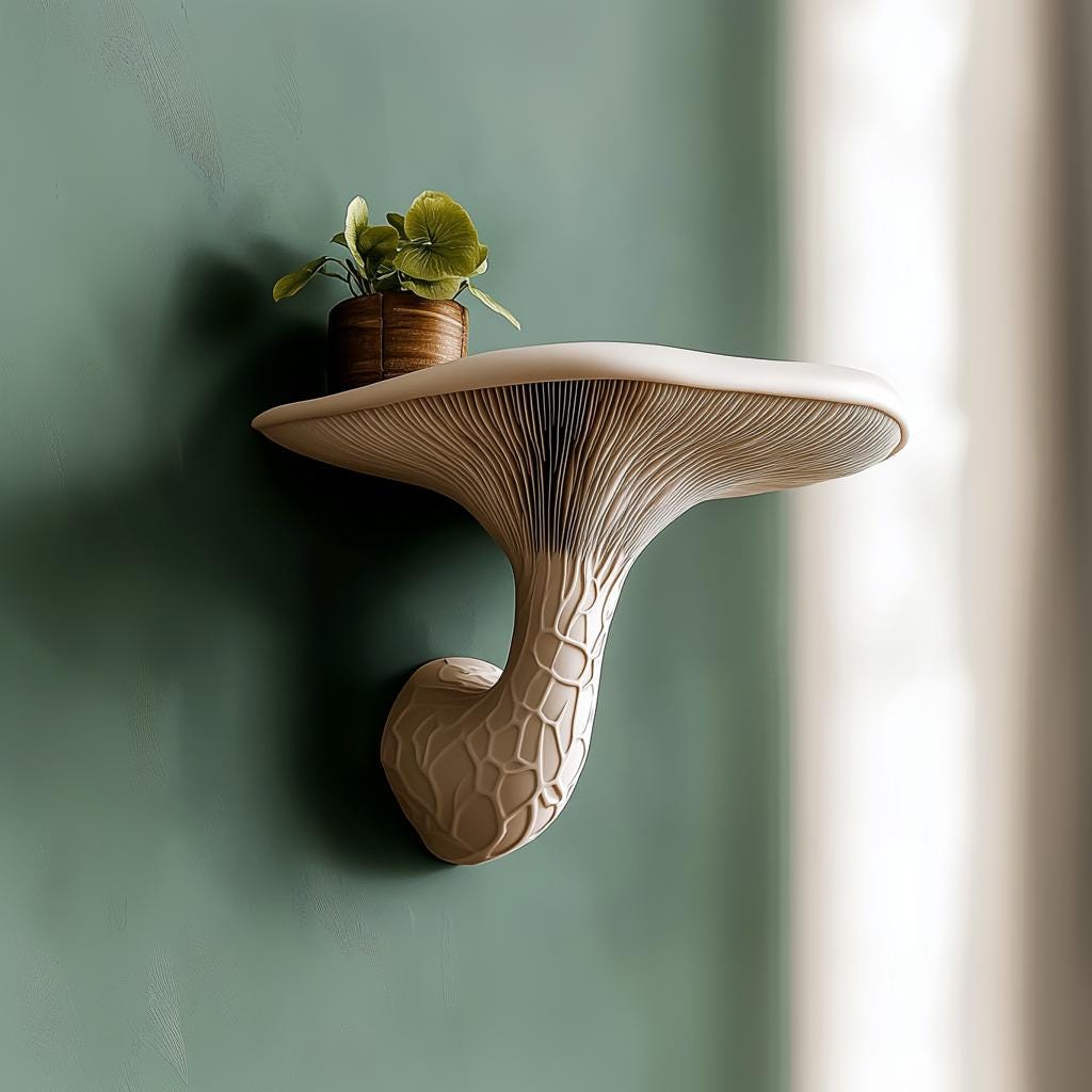 Alternate product display of 3D Printed Organic Mushroom Wall Shelf.