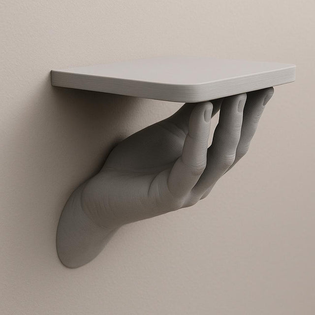 A gray 3D printed wall shelf supported by a sculpted human hand extending from the wall.