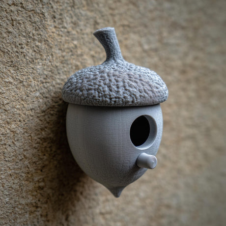 3D printed acorn-shaped birdhouse with round entrance and small cylindrical perch made of matte PLA plastic.