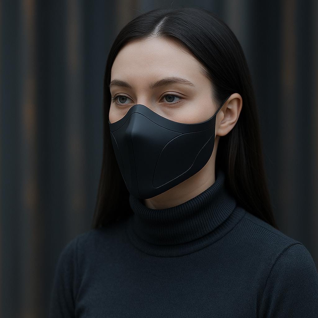 Product presentation view of 3D Printed Futuristic Half Mask.