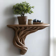 3D printed tree-root wall shelf with twisting organic supports beneath a compact ledge.