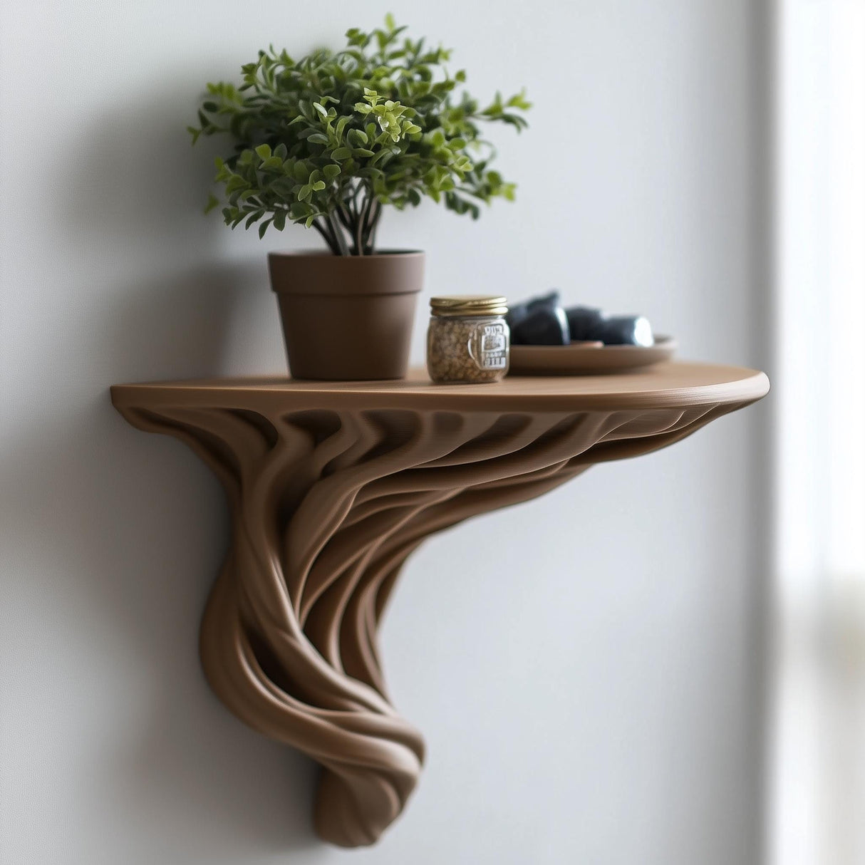 3D printed tree-root wall shelf with twisting organic supports beneath a compact ledge.