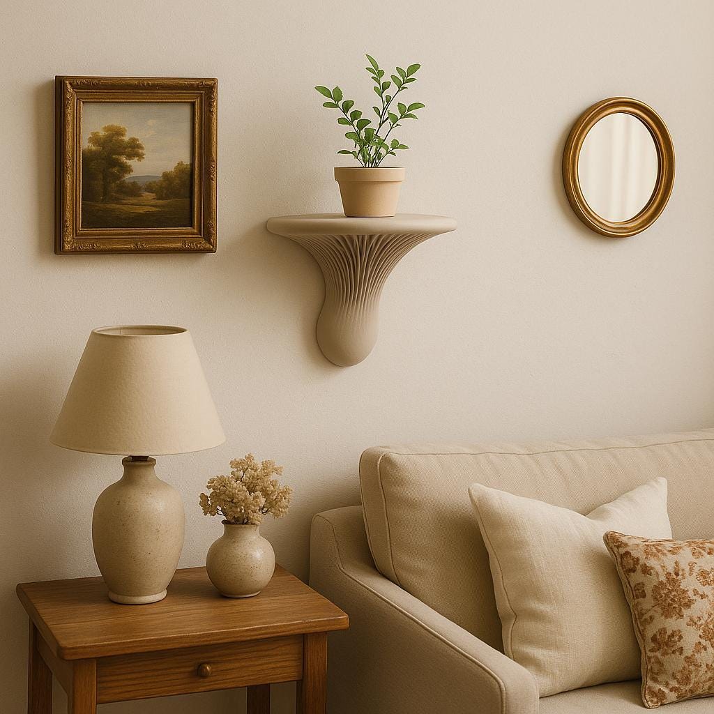 3D Printed Sculptural Mushroom Wall Shelf shown in the product image.