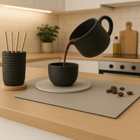 3D printed two-cup coffee-pour illusion with one cup suspended above the other.