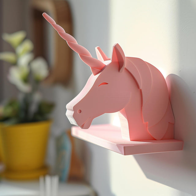 3D printed wall shelf shaped like a minimalist pastel unicorn head with a twisted horn and matte PLA surface.