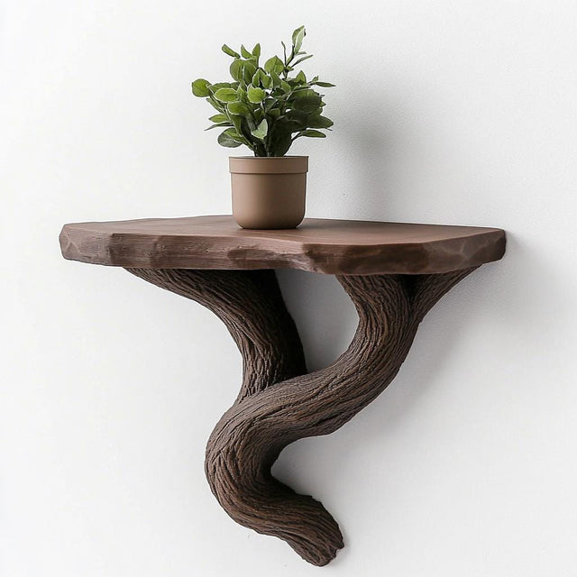 Small brown wall-mounted shelf with a twisted vine-like base holding a potted plant.