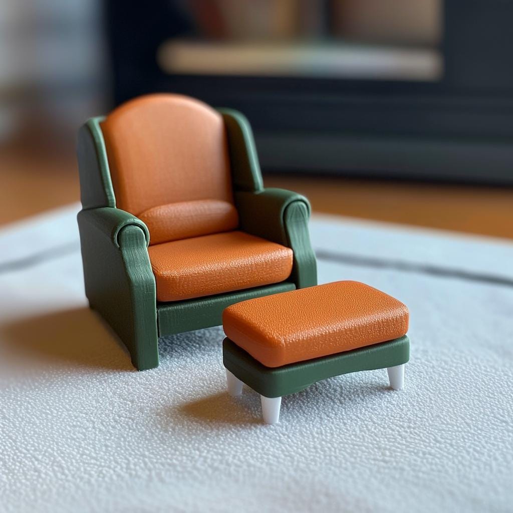Alternate product presentation of 3D Printed 1:12 Modern Chair and Ottoman.