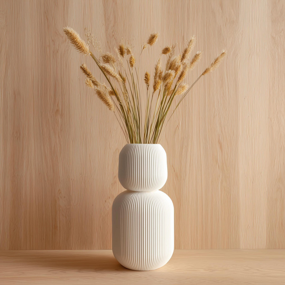 Tall 3D printed white geometric vase with ribbed texture, holding dried grass stems.