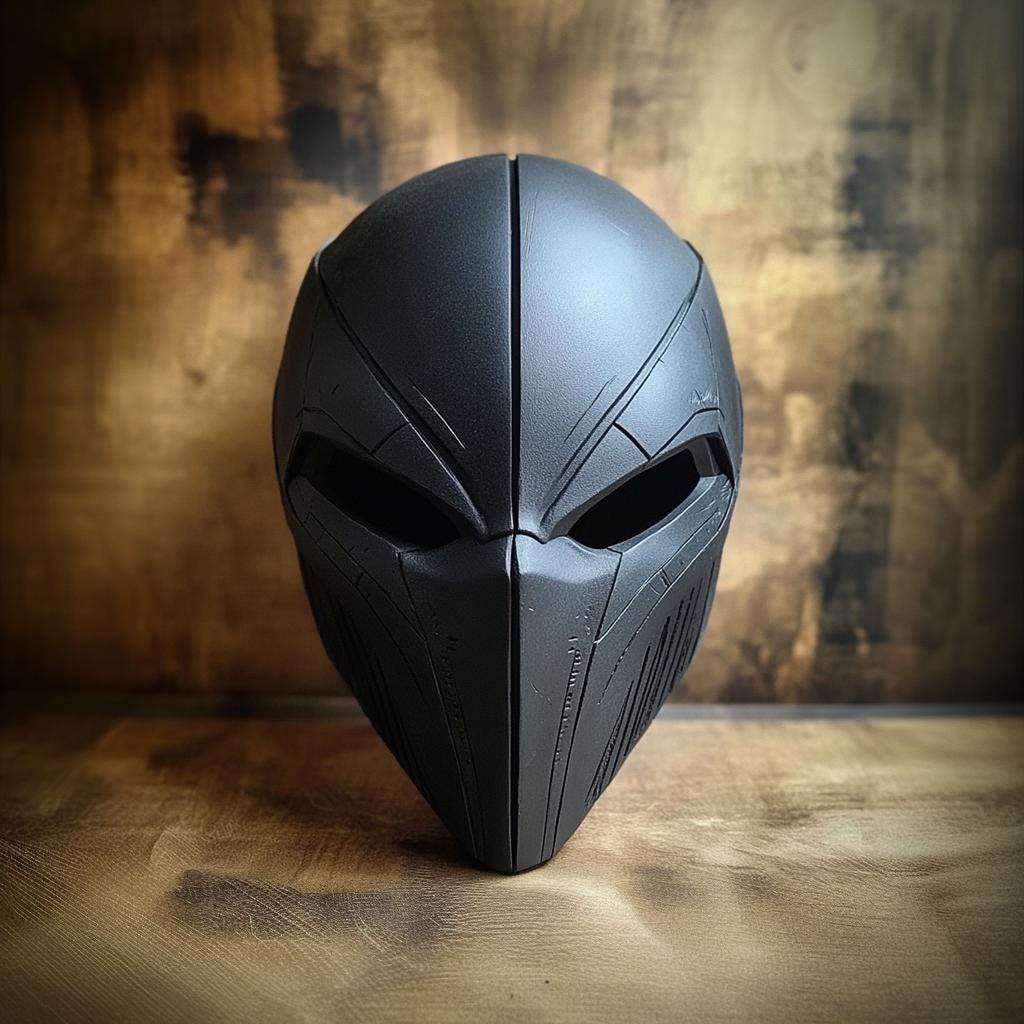 Product presentation view of 3D Printed Futuristic Warrior Mask.