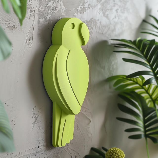 3D printed wall decor shaped like a minimalist parrot silhouette in a bold green color.