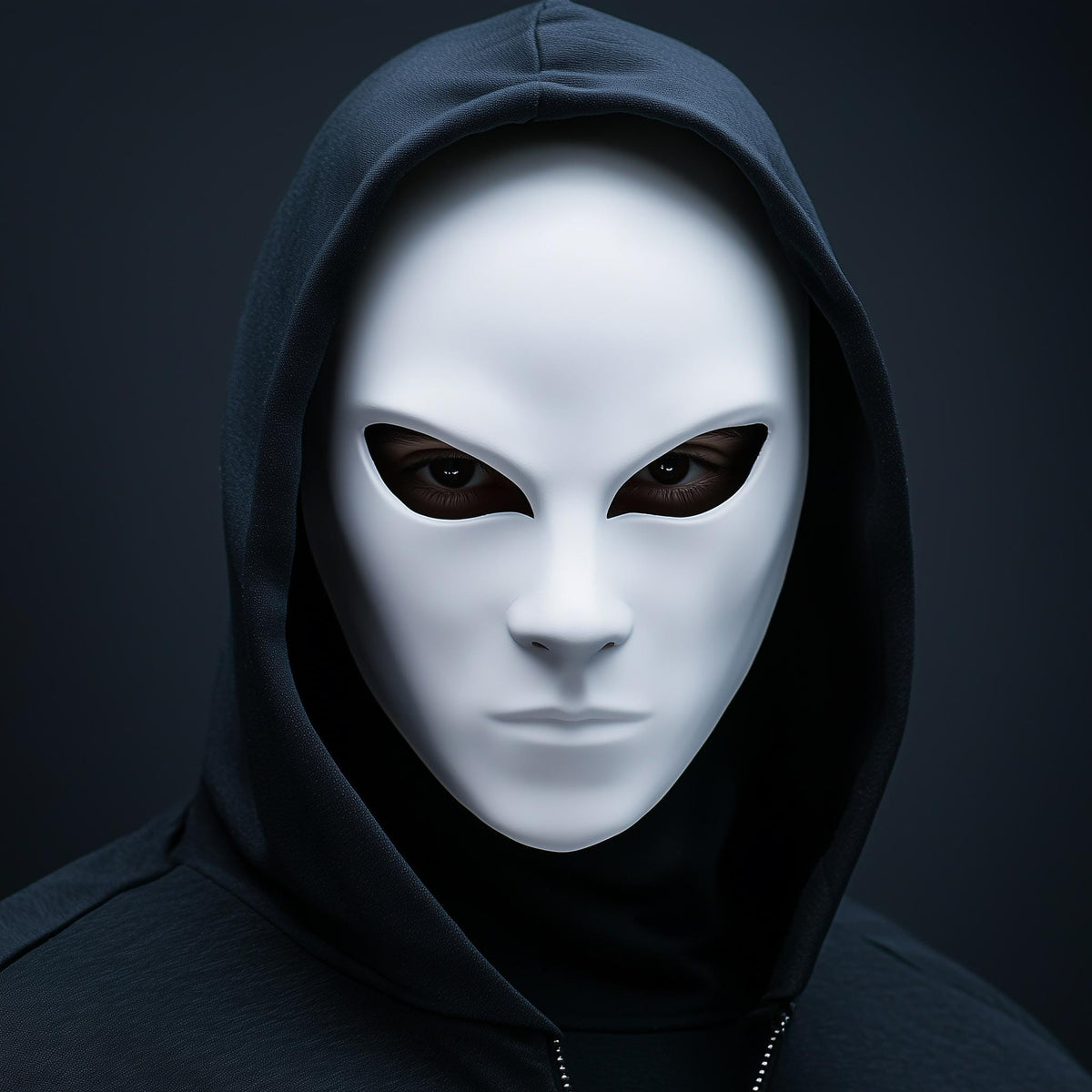 Faceless 3D printed phantom mask with a smooth anonymous design and narrow eye openings.
