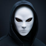 Faceless 3D printed phantom mask with a smooth anonymous design and narrow eye openings.