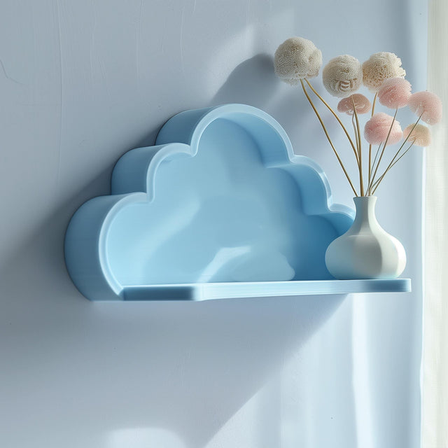 Cloud-shaped 3D printed wall shelf mounted beside a window.