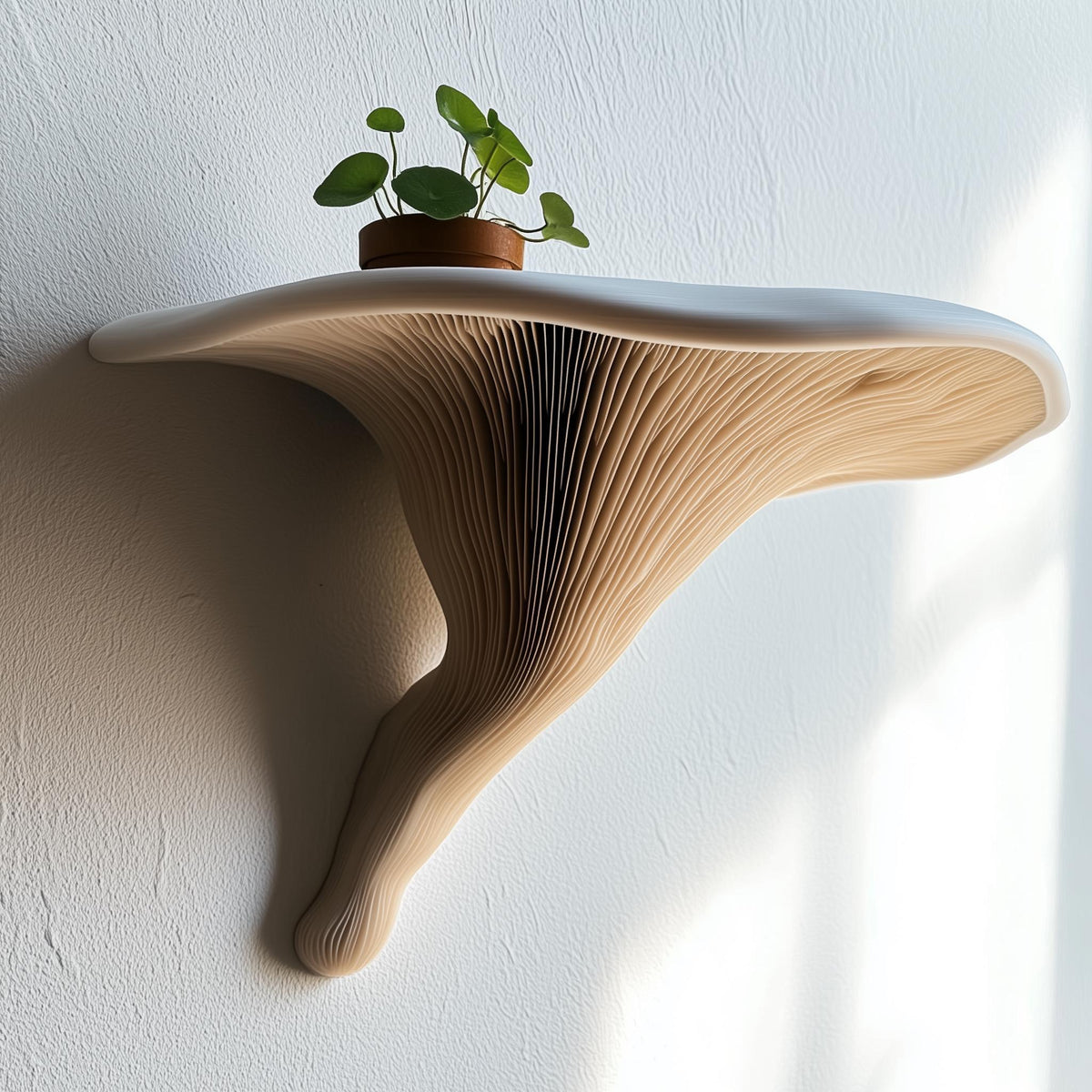 3D printed wall shelf inspired by the Deadly Galerina mushroom, featuring a white top and flowing light brown stem.