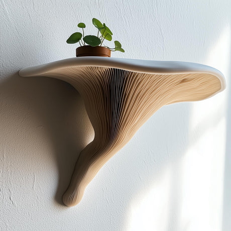 3D printed wall shelf inspired by the Deadly Galerina mushroom, featuring a white top and flowing light brown stem.
