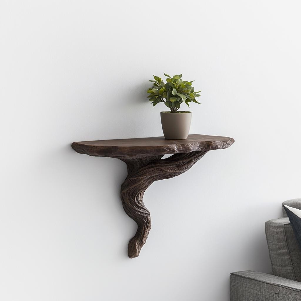 Product detail view of 3D Printed Twisted Root Wall Shelf.