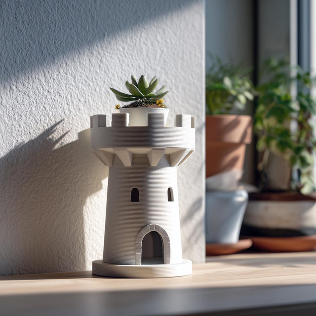 3D printed planter shaped like a small castle tower or rook, holding a succulent on a windowsill.