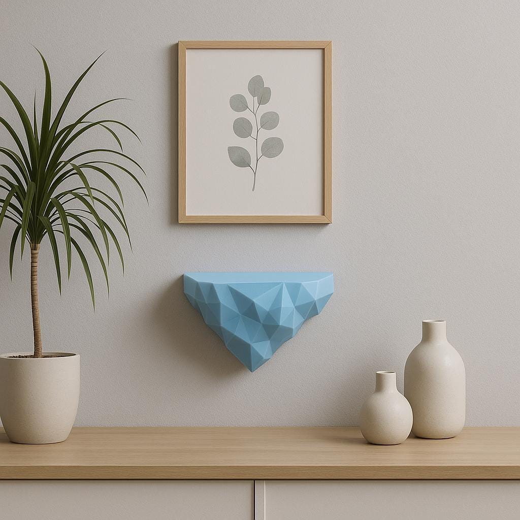 Product presentation view of 3D Printed Geometric Polygon Wall Shelf.