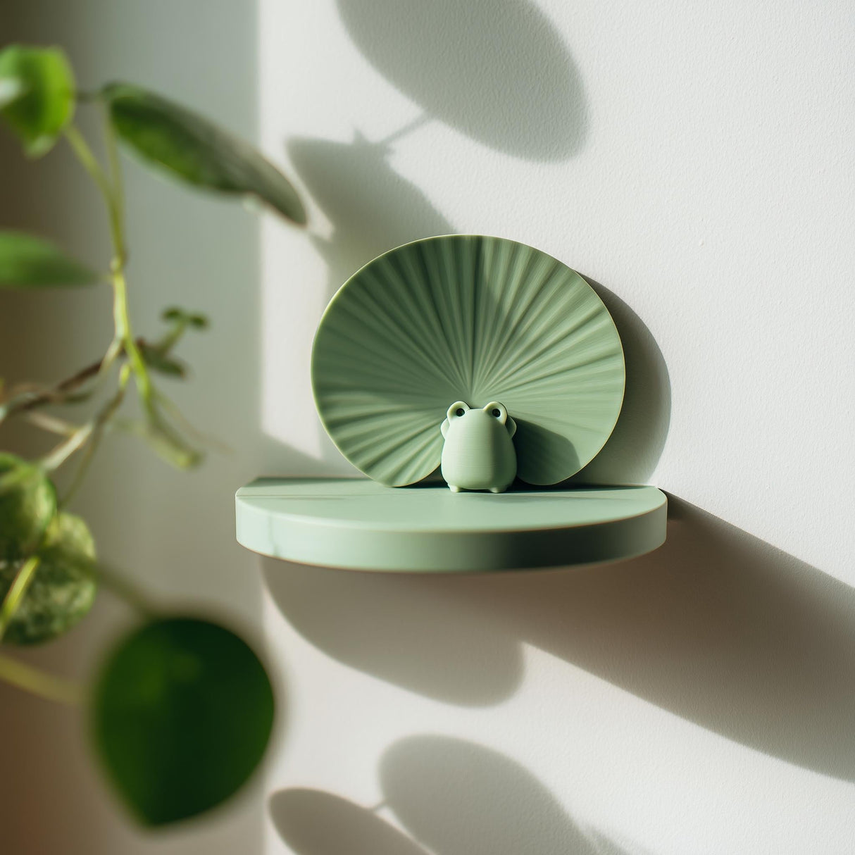 Pastel green 3D printed frog wall shelf with a round ledge and lily-pad-inspired backplate.