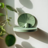 Pastel green 3D printed frog wall shelf with a round ledge and lily-pad-inspired backplate.