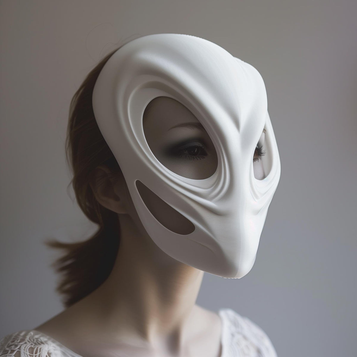 3D printed futuristic alien mask in matte white, worn by an adult model indoors.