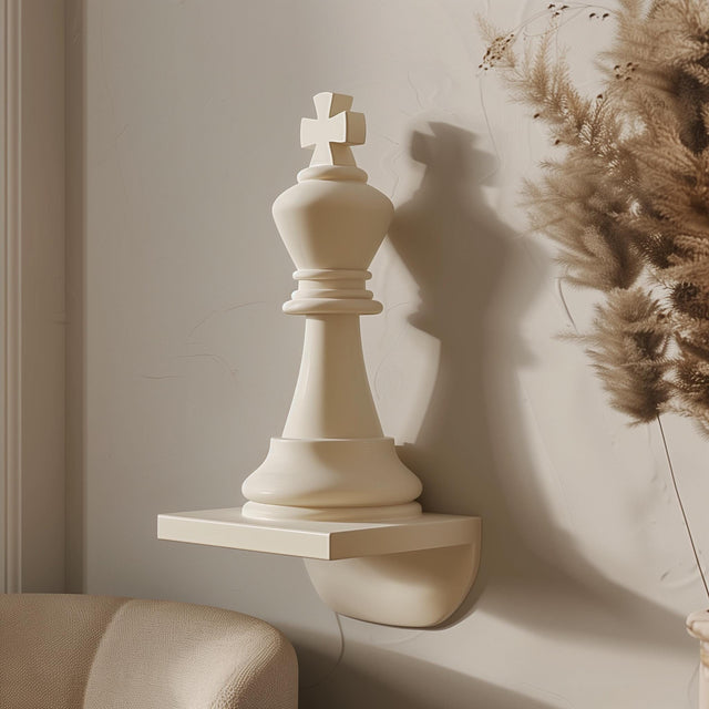 3D printed wall decor shaped like a King chess piece, minimalist modern design made from matte PLA plastic.