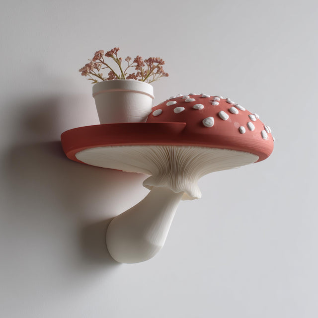 3D printed wall shelf shaped like a red and white amanita mushroom with a flat spotted cap and sculpted gills.