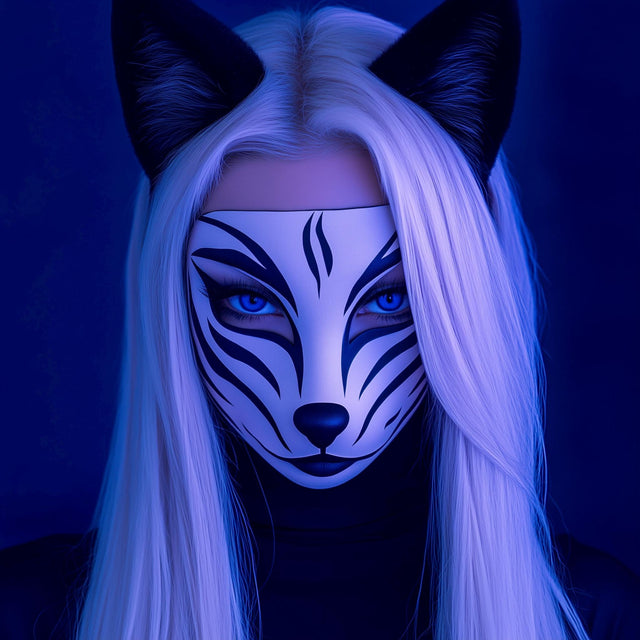 3D printed Kitsune fox mask with pointed ears, red markings and Japanese folklore styling.