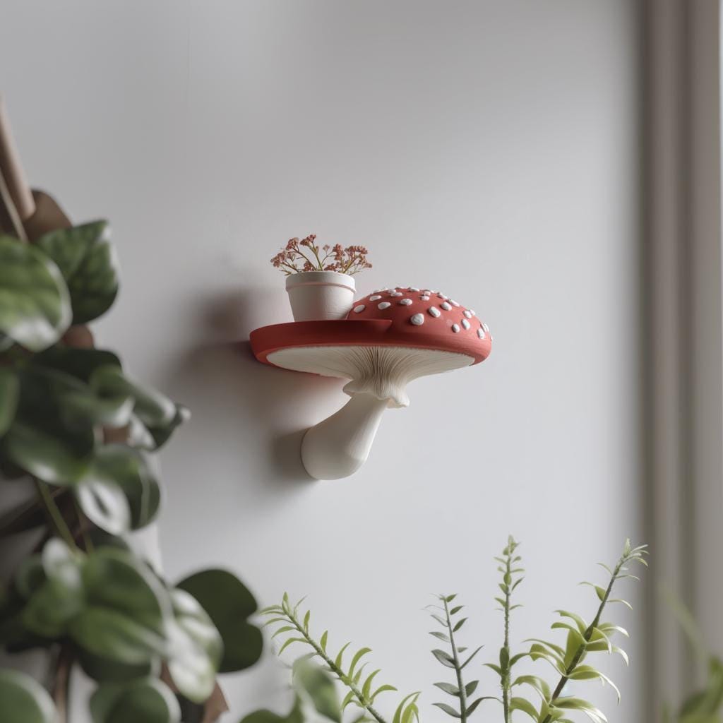 3D Printed Fantasy Amanita Wall Shelf shown in the product image.