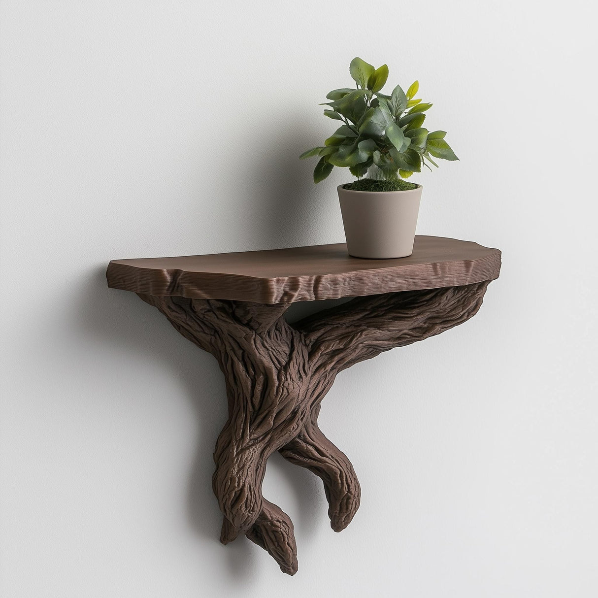 Product detail view of 3D Printed Tree Branch Wall Shelf.