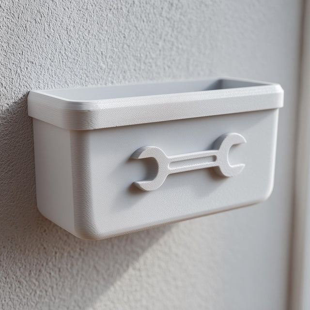 3D printed wall-mounted organizer bin with an embossed wrench icon.