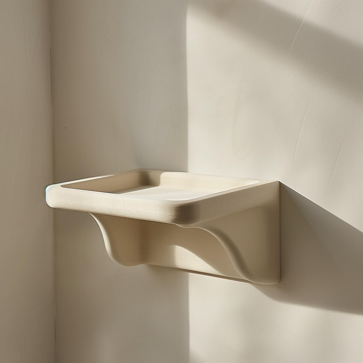 3D printed wall shelf with an asymmetrical curved support and a compact display ledge.