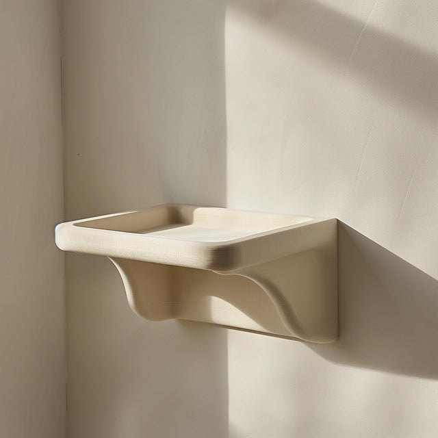 3D printed wall shelf with an asymmetrical curved support and a compact display ledge.