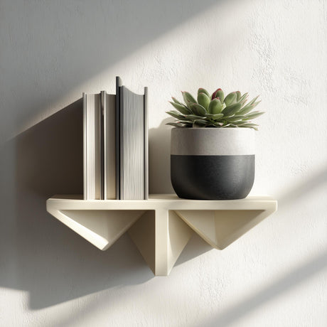 Cream geometric 3D printed wall shelf holding lightweight books and a potted plant.
