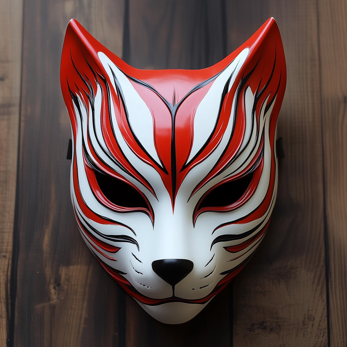 3D printed Japanese fox warrior mask with pointed ears and sculpted samurai-style details.
