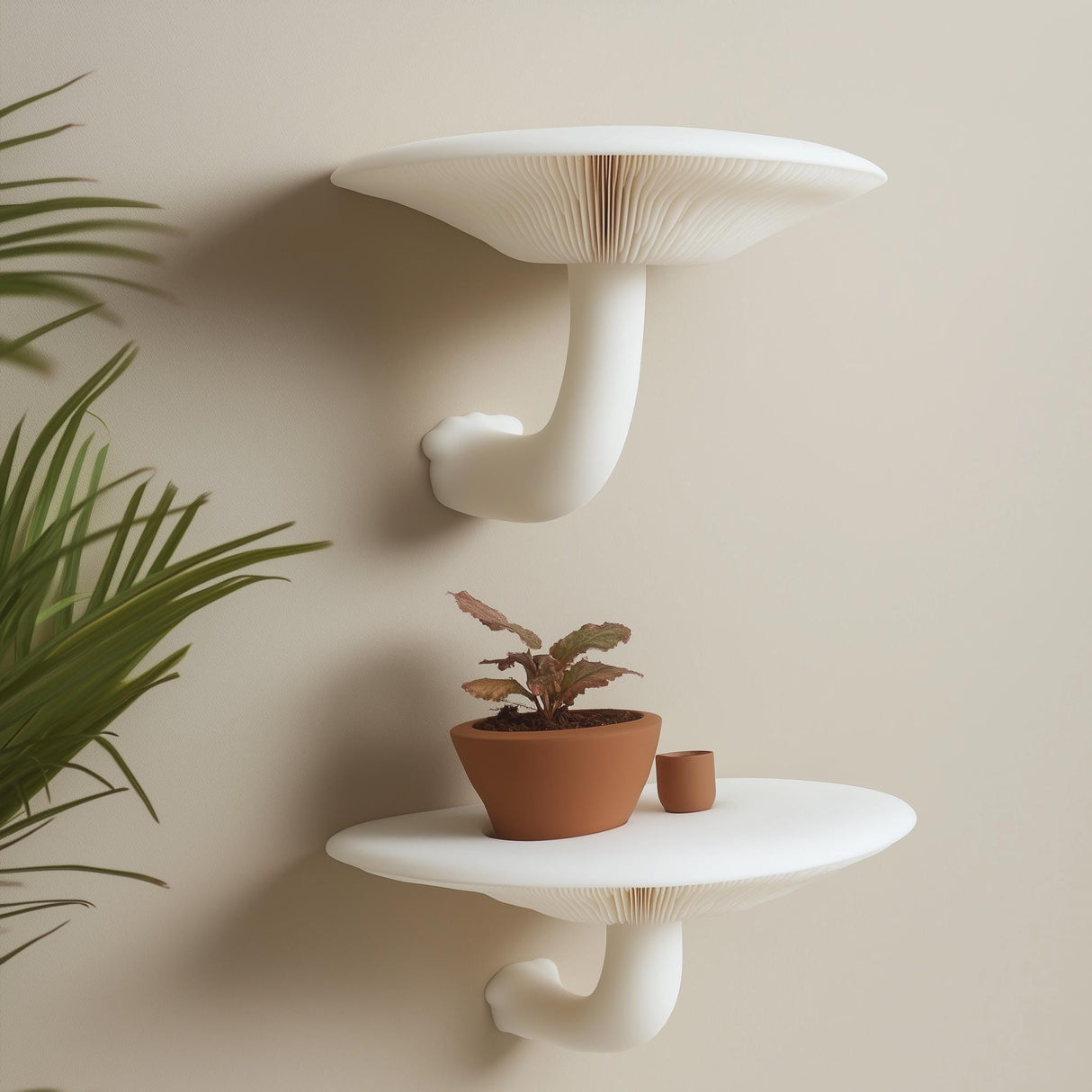 Set of two white 3D printed mushroom-inspired wall shelves with curved stems.