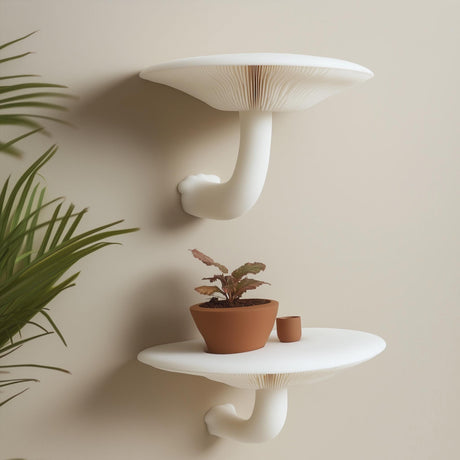 Set of two white 3D printed mushroom-inspired wall shelves with curved stems.