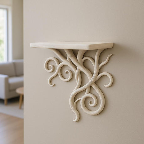 A sculptural 3D printed wall shelf with intricate curling vine-like supports in a light matte finish.