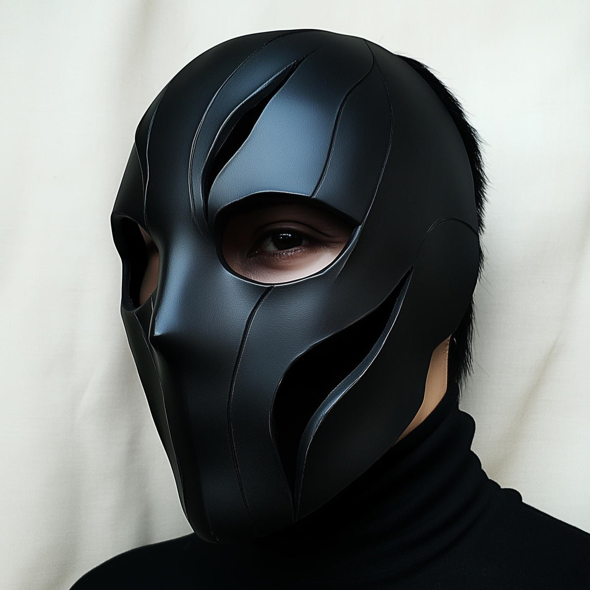 Black 3D printed full-face tactical mask with faceted cyberpunk geometry and ventilation openings.