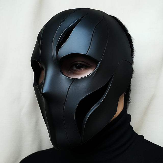 Black 3D printed full-face tactical mask with faceted cyberpunk geometry and ventilation openings.