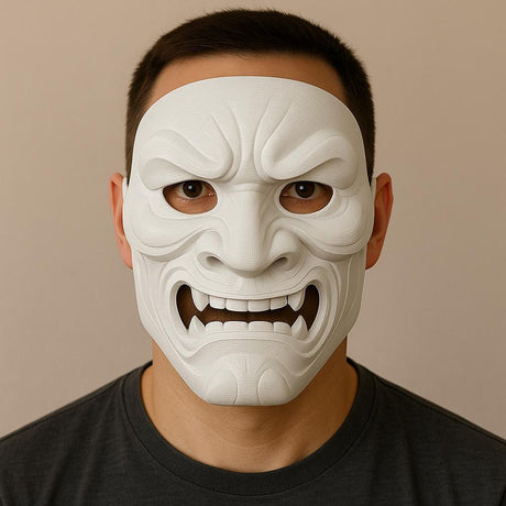Man wearing a full-face white 3D printed Oni mask with sharp fangs and intense expression.