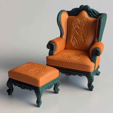 3D Printed 1:12 Baroque Chair and Ottoman shown in the product image.