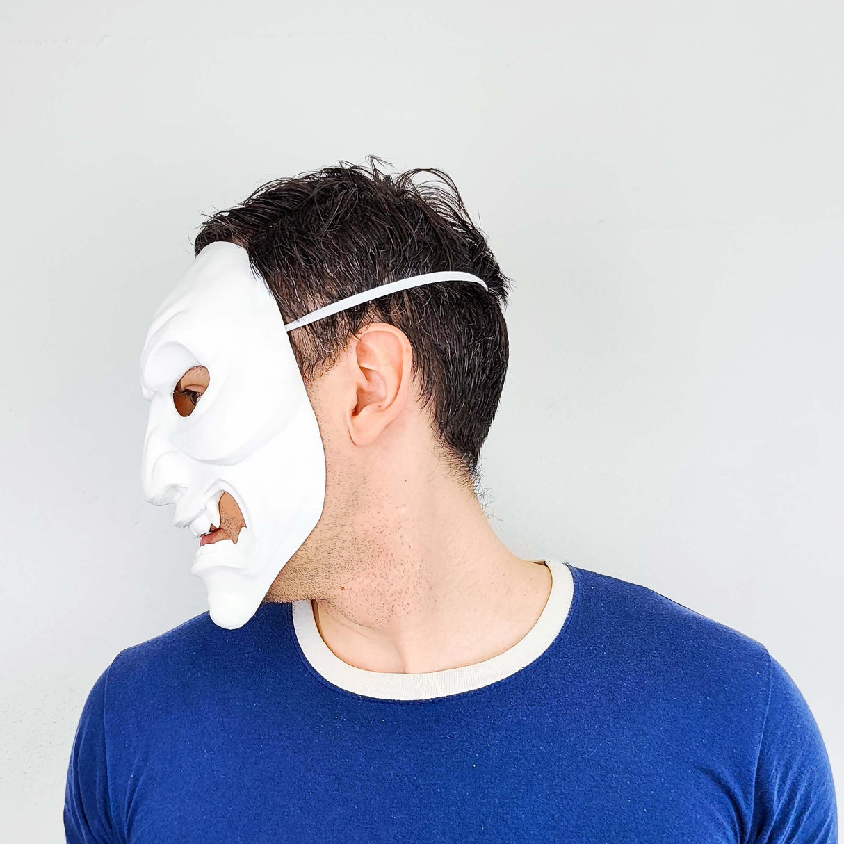 Product detail view of 3D Printed Oni Samurai Mask.