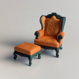 Product presentation view of 3D Printed 1:12 Baroque Chair and Ottoman.