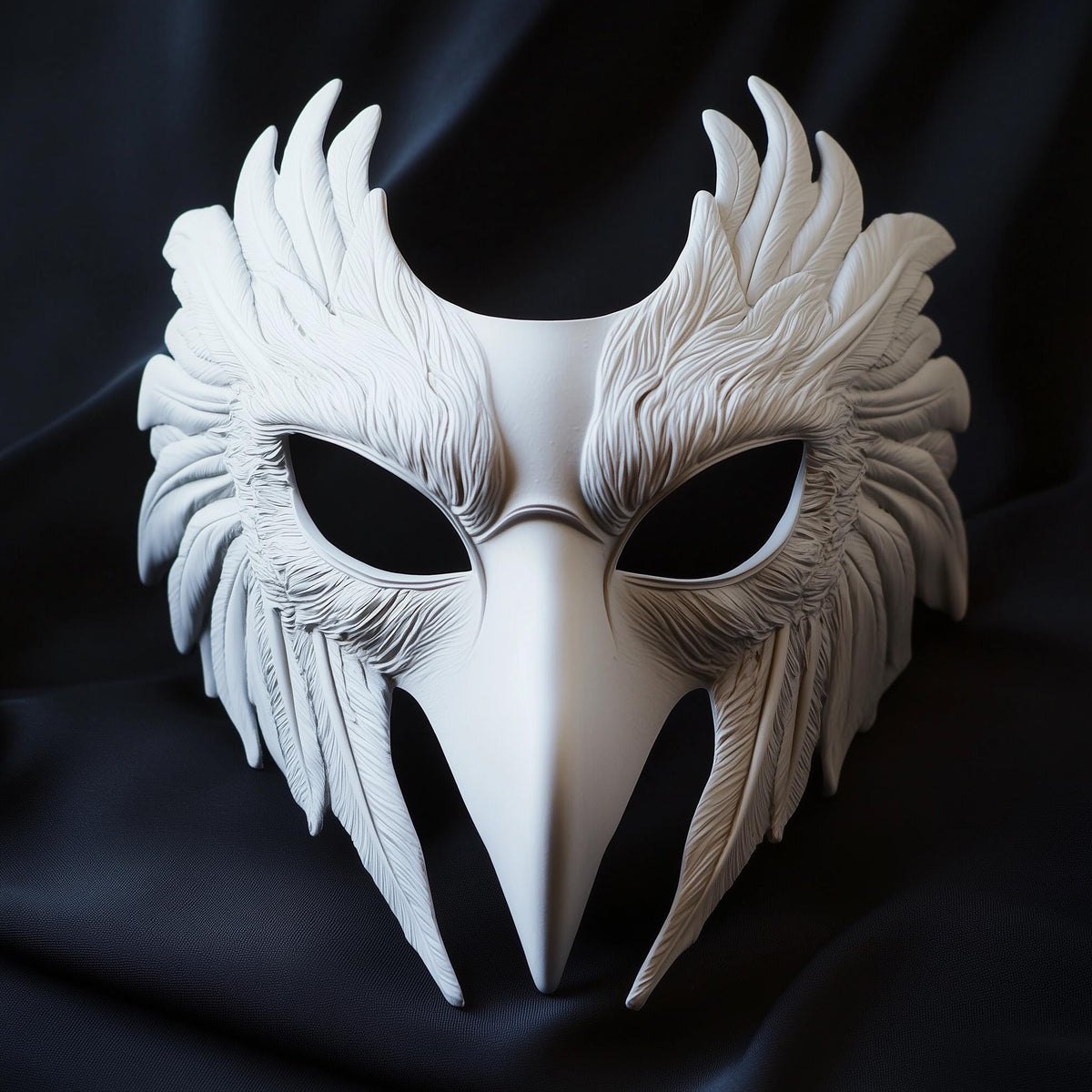 Feathered raven-style 3D printed bird mask with an elongated beak and sculpted eye openings.