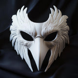 Feathered raven-style 3D printed bird mask with an elongated beak and sculpted eye openings.