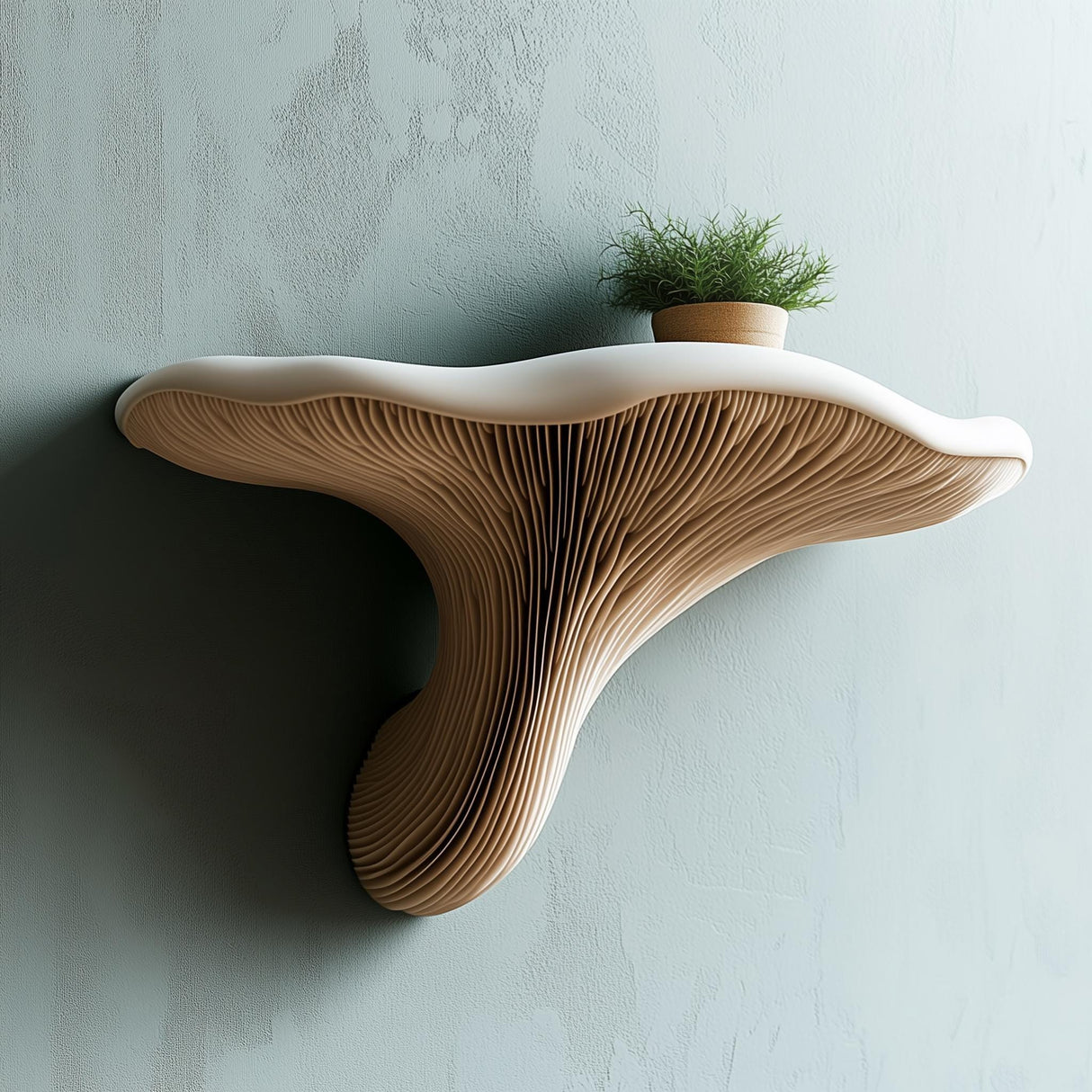 3D printed fungi wall shelf with a curved mushroom cap and detailed gill texture beneath the ledge.