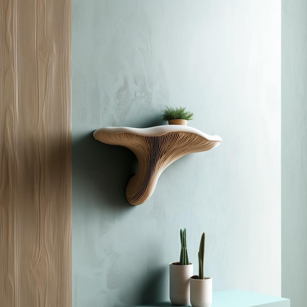 Additional product presentation of 3D Printed Fungi Wall Shelf.