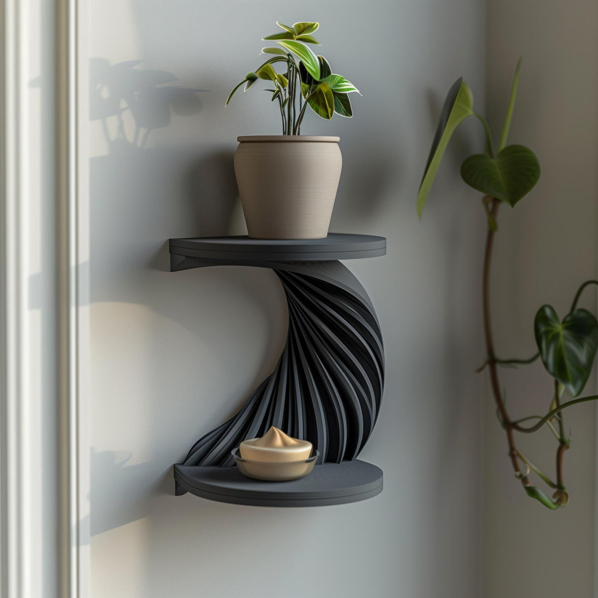 3D printed double-tier spiral wall shelf in matte dark PLA, with a twisting ribbed support between two round shelves.