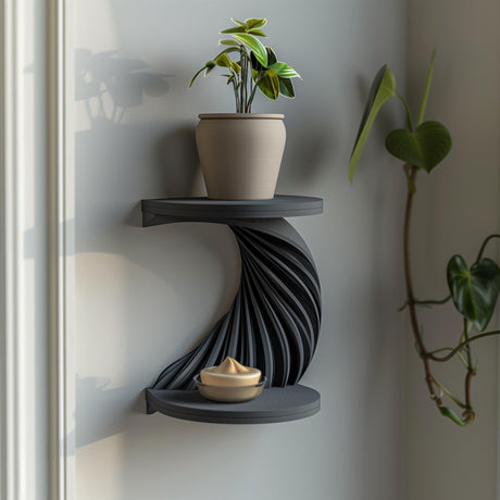 3D printed double-tier spiral wall shelf in matte dark PLA, with a twisting ribbed support between two round shelves.